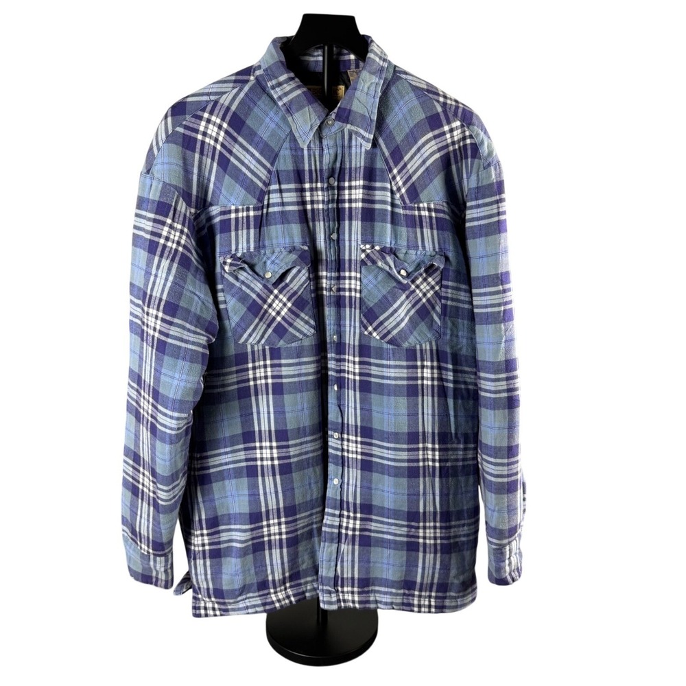 Vintage Big Mac Mens XXL Tall Quilted Flannel Shirt Jacket Blue Plaid Pearl Snap